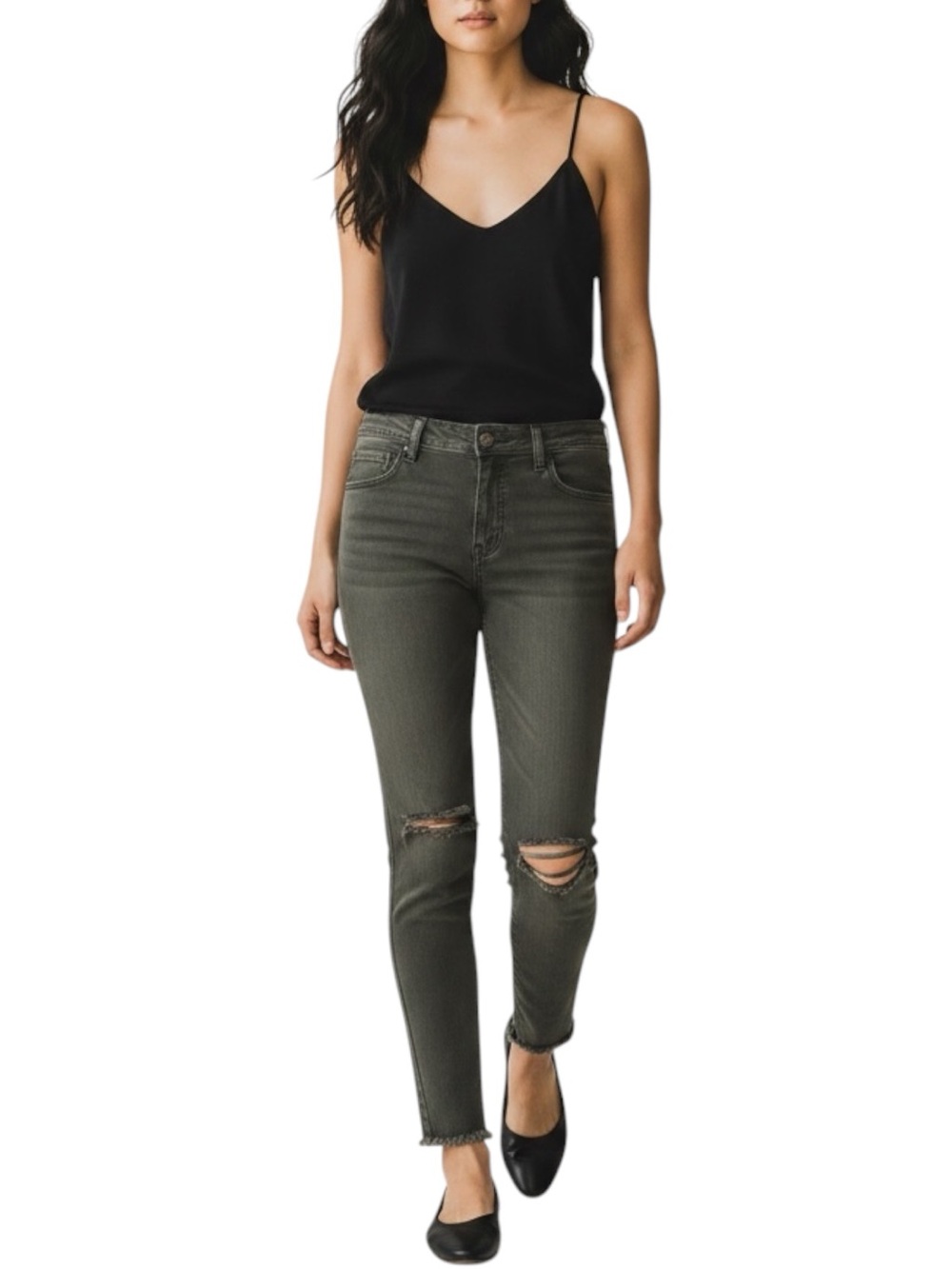 Free People Light Black Wash Mid- Rise Slim Fit Ripped Jeans Size 27 Bohemian